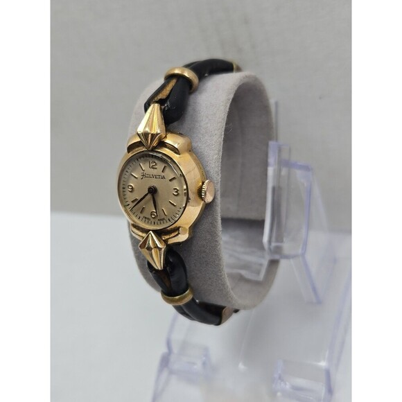 Vintage Helvetia 4483 Swiss Manual Wind Ladies Watch 20 Micron Gold Leather Band main image 11